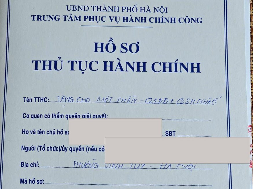 Hồ sơ tặng cho một phần — Thủ tục tặng cho một phần quyền sử dụng đất và quyền sở hữu nhà ở, khu vực Vĩnh Tuy.