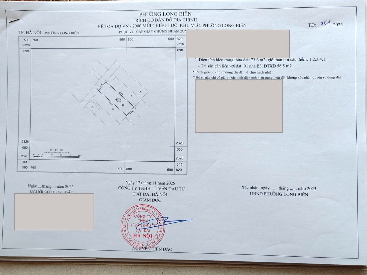 Trích đo bản đồ địa chính — Bản trích đo hệ toạ độ VN-2000 phường Long Biên, phục vụ cấp Giấy chứng nhận — có xác nhận của đơn vị đo đạc và UBND phường.
